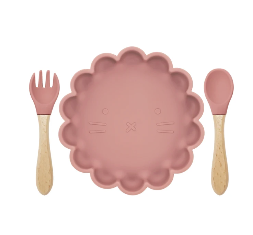 * Silicone Plate with Spoon & Fork - Dark Pink